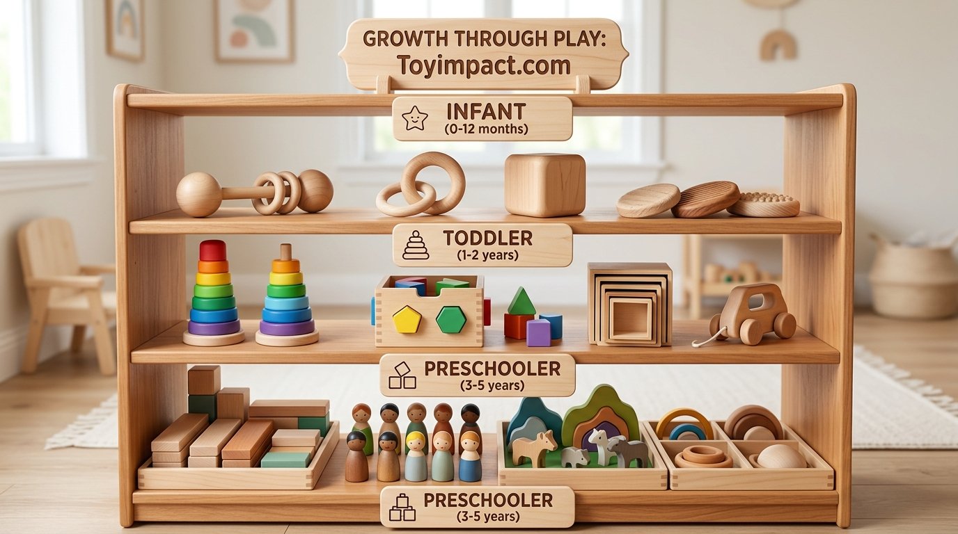 A curated shelf of open-ended wooden toys organized by developmental stage, illustrating intentional toy selection