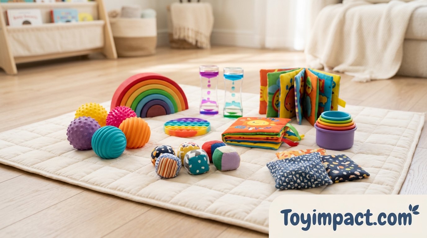 Assortment of sensory toys arranged on a soft mat