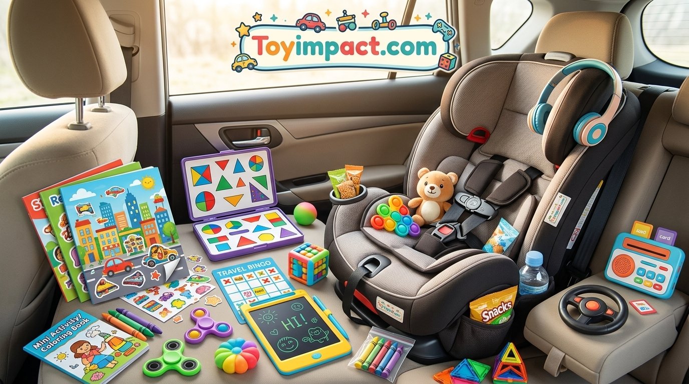 Assortment of travel toys for kids laid out on a car seat