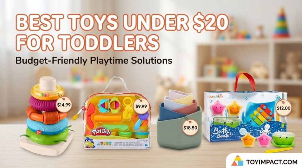 Best toys under $20 for toddlers hero image featuring a colorful sensory stacking toy