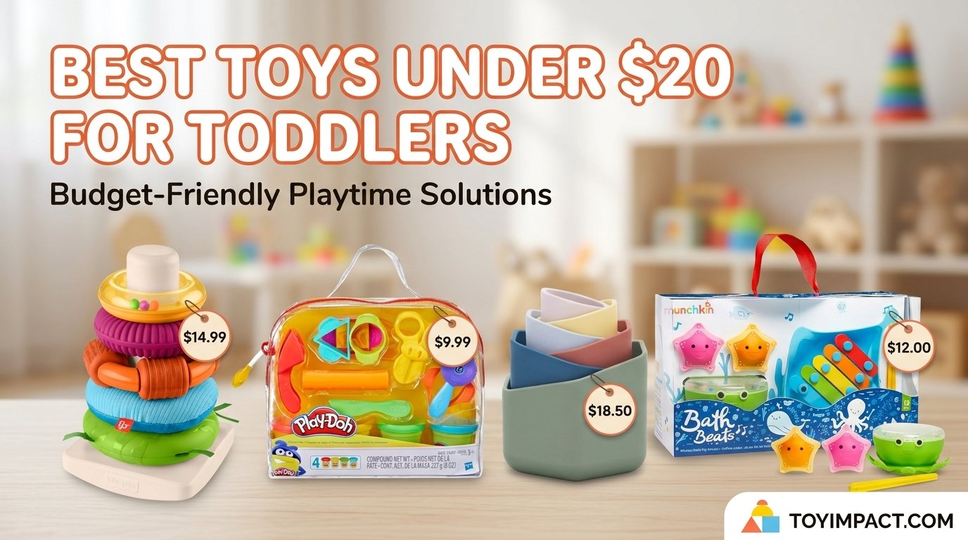 Best toys under $20 for toddlers hero image featuring a colorful sensory stacking toy