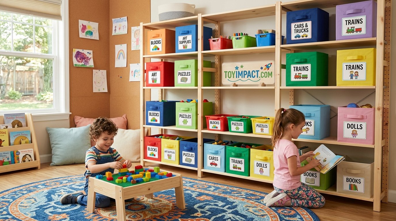 Children's playroom with organized toy shelves and bins