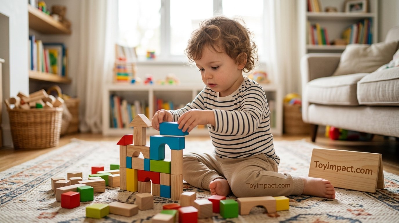 Child building with wooden blocks on the floor