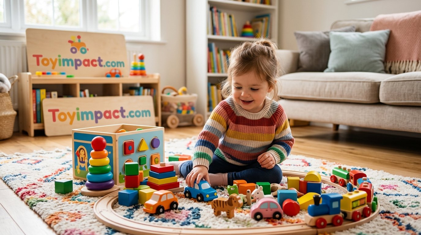 Child playing with colorful toys on the floor