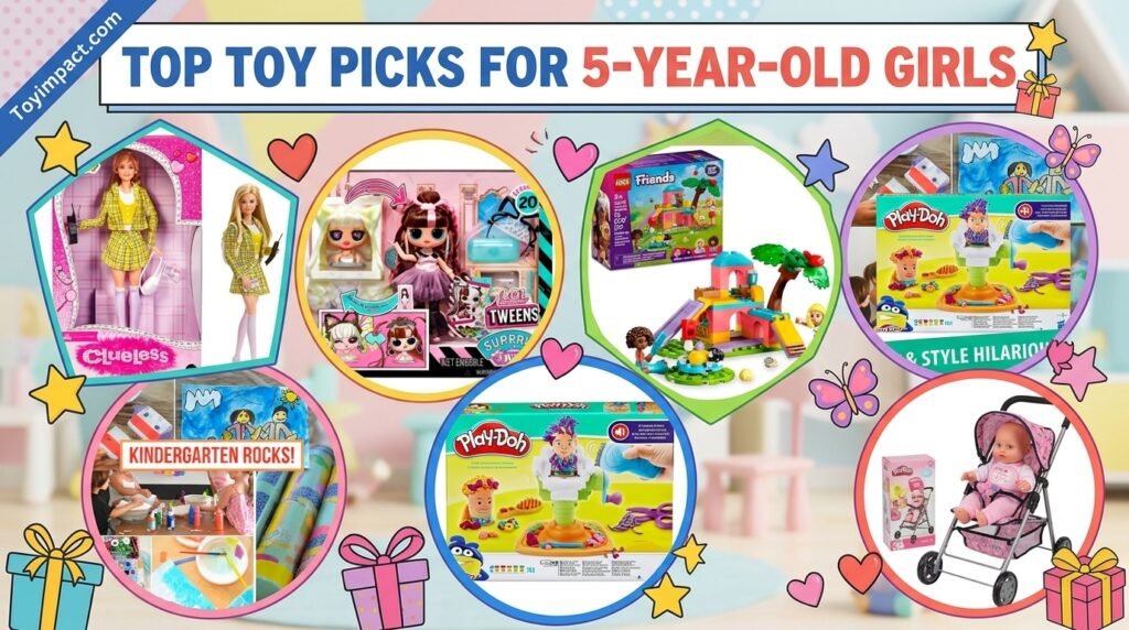 Collage of top toy picks for five year old girls