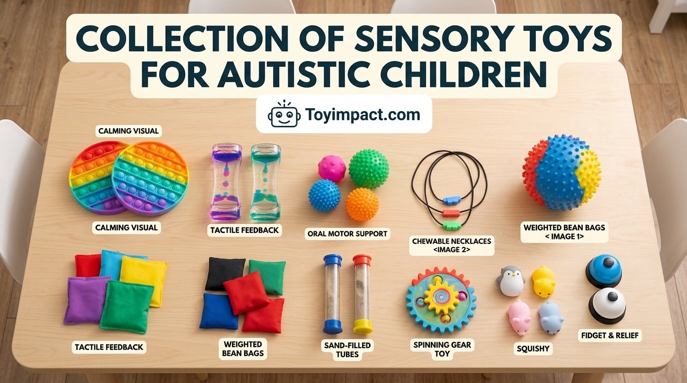 Collection of sensory toys for autistic children laid out on a table