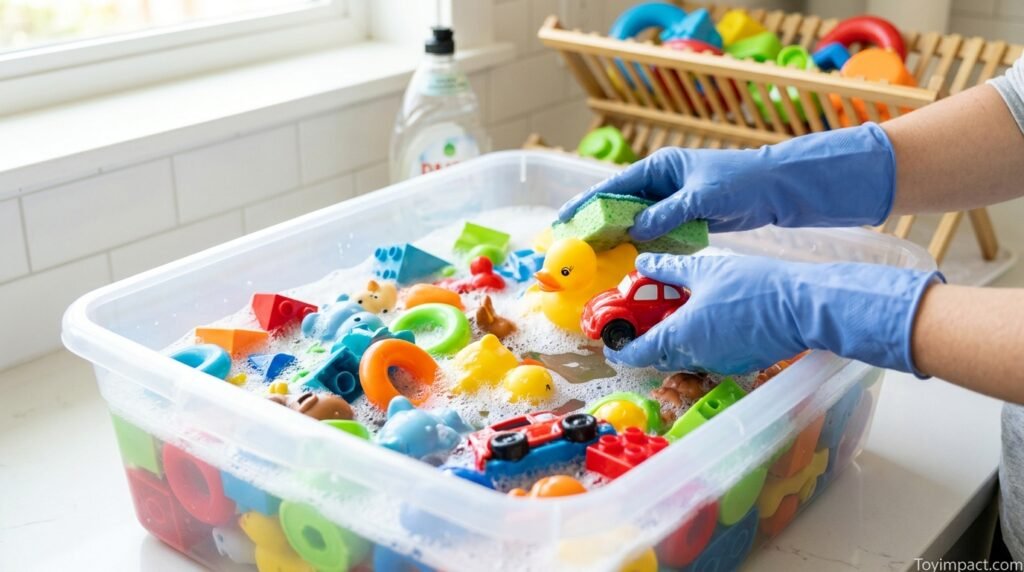 Colorful plastic toys being cleaned in soapy water