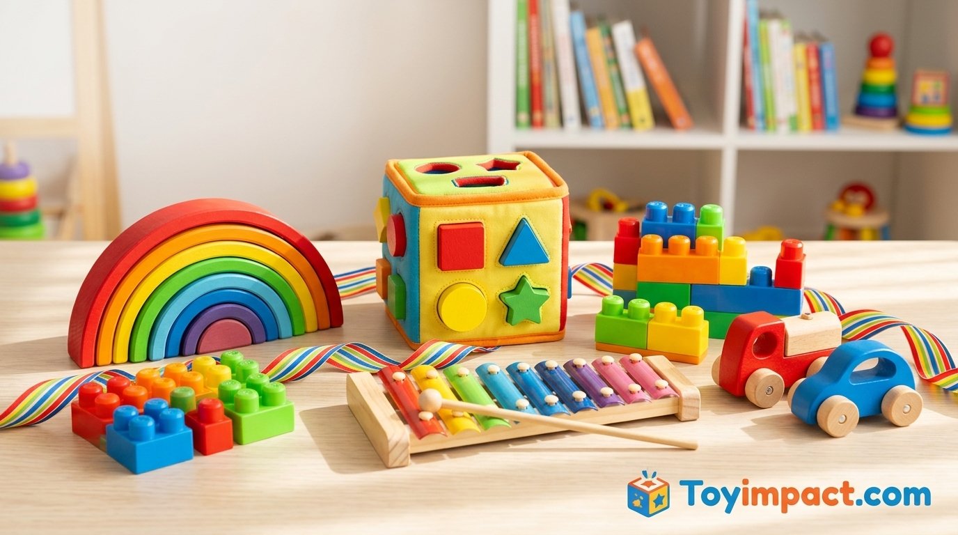 Colorful toddler toy set arranged for a budget-friendly gift guide