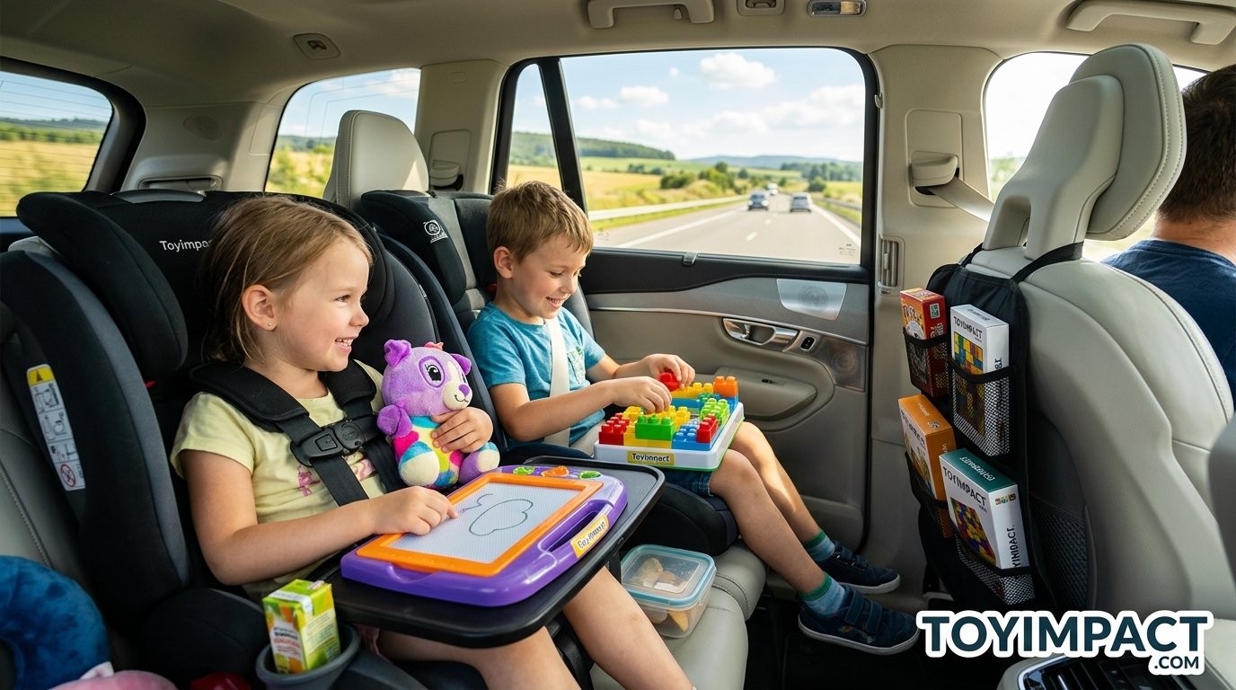 Kids playing with toys during a long car ride road trip