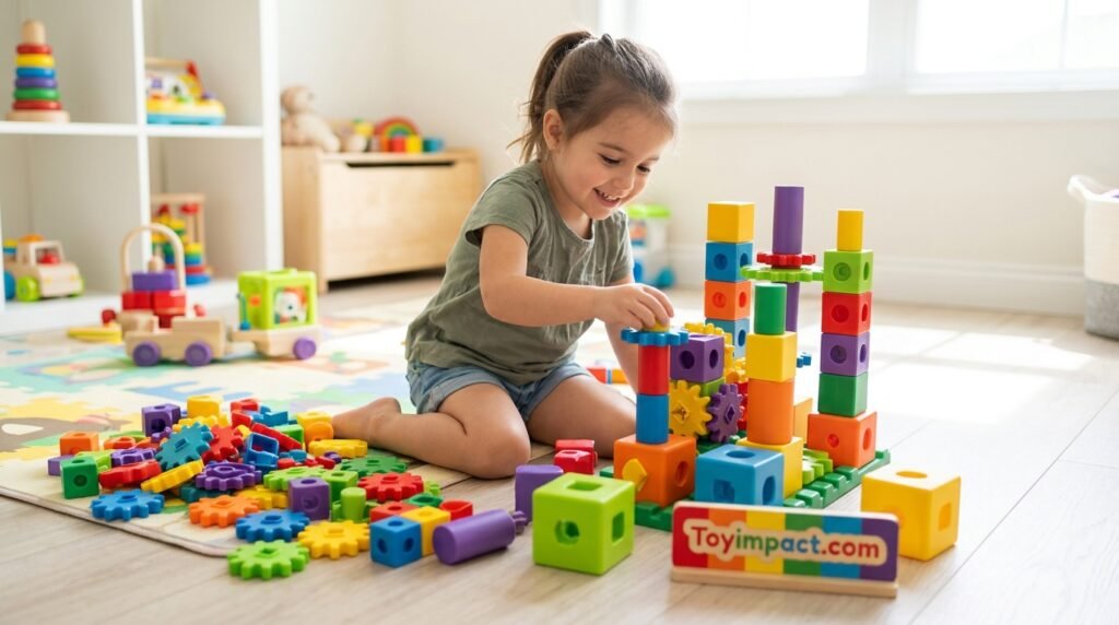 Preschooler playing with colorful STEM building blocks on the floor