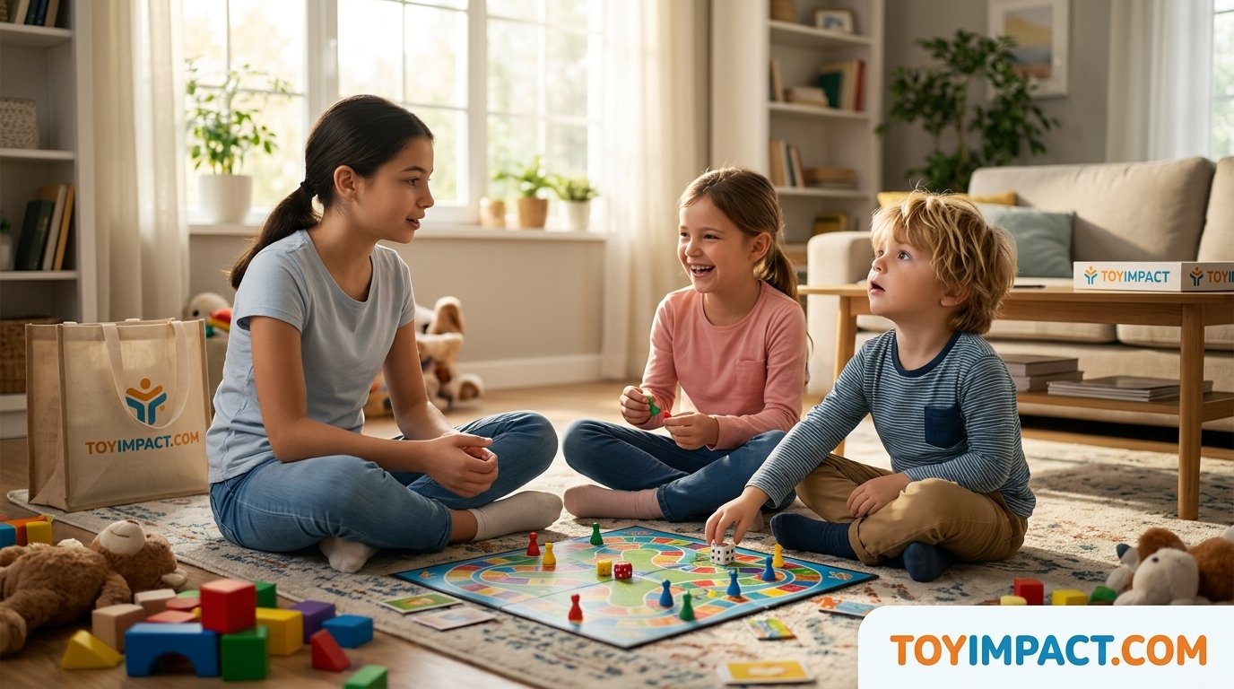 Siblings of different ages sitting together and sharing a game on the living room floor