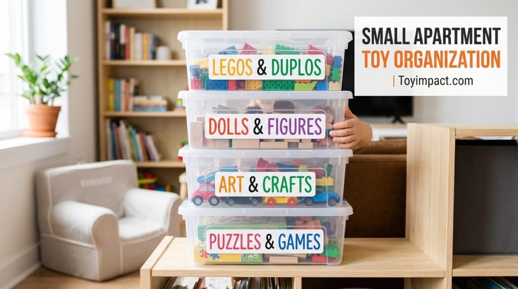 Stackable clear storage bins labeled for toy organization in a small apartment