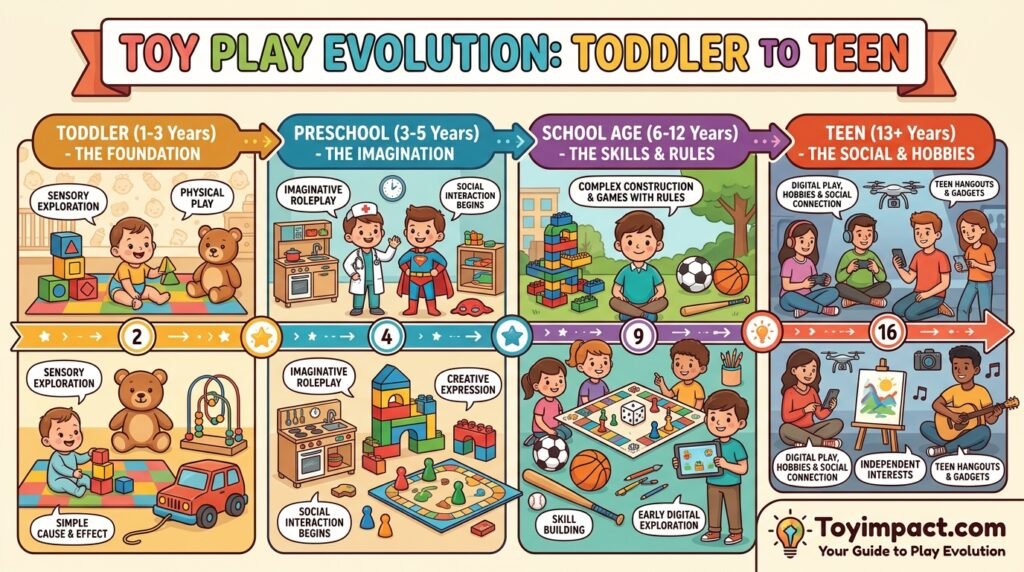 Timeline illustration showing how toy play changes from toddler to teen years
