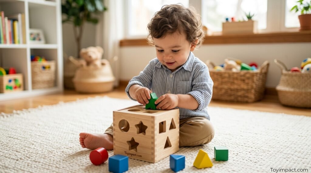 Toddler exploring a wooden Montessori shape sorter on a soft rug