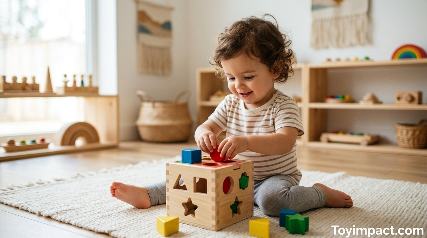 Toddler focused on playing with a single wooden shape sorter toy