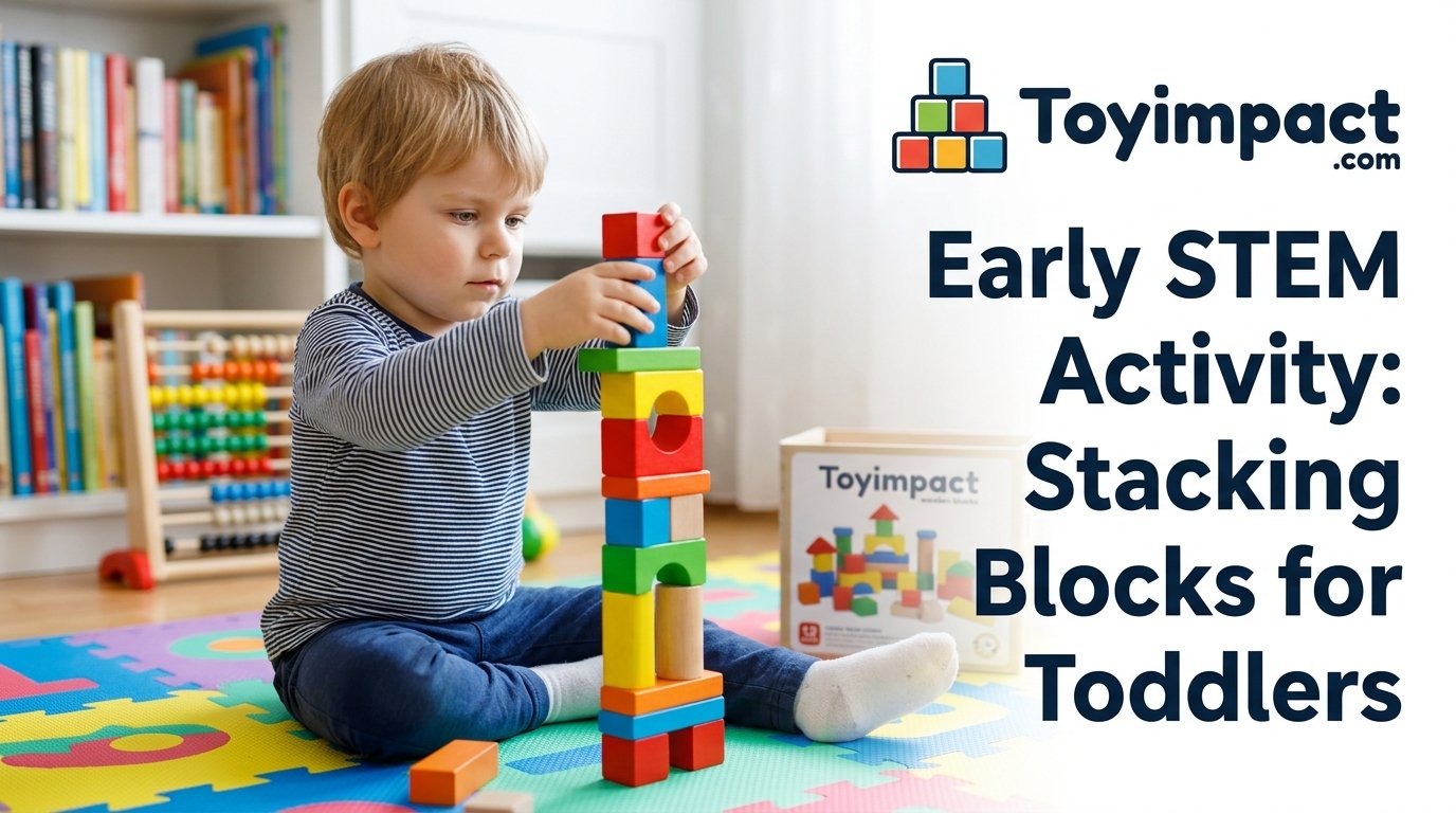 Toddler stacking wooden blocks on a play mat
