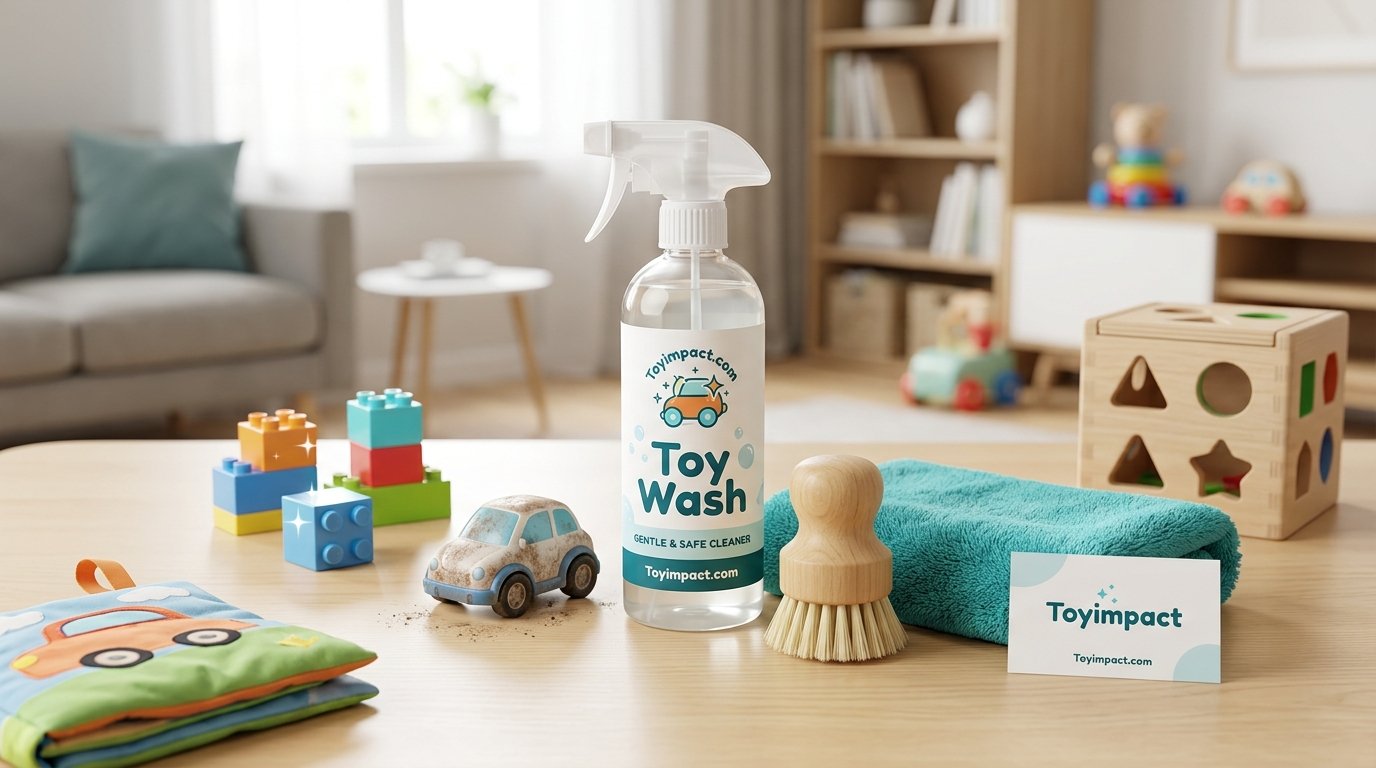 Toy cleaning supplies including soap, brush, and microfiber cloth laid out on a table