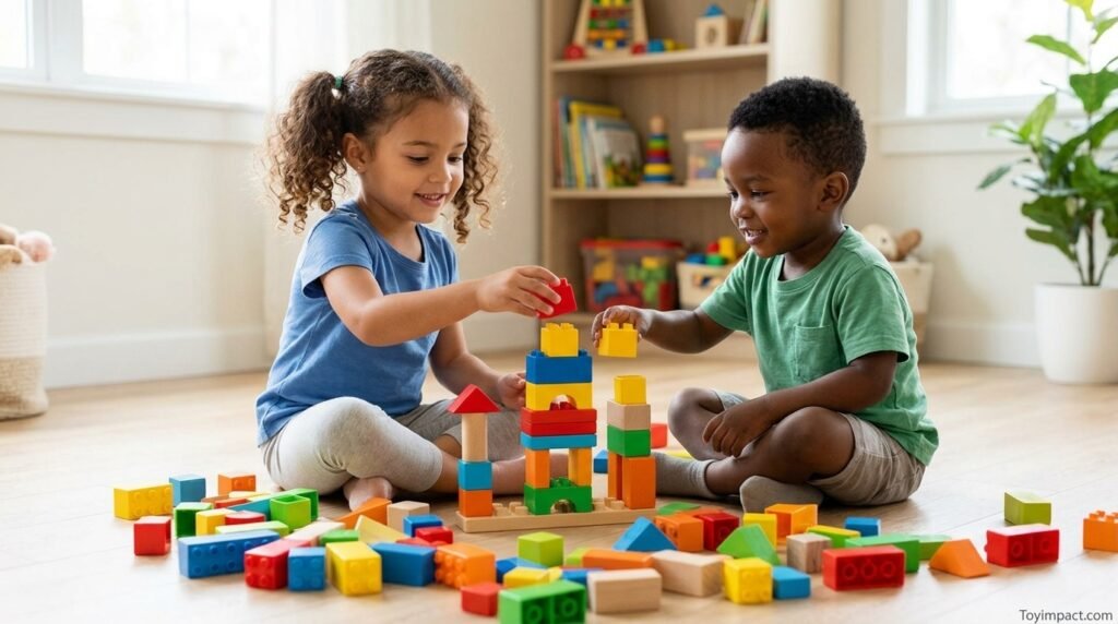 Two young siblings playing together with colorful building blocks on the floor