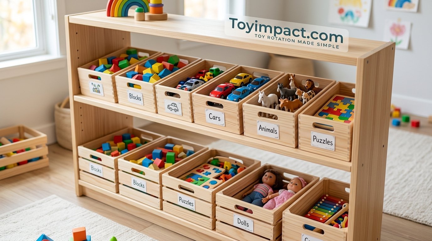 Wooden bins filled with sorted children's toys ready for rotation on a shelf