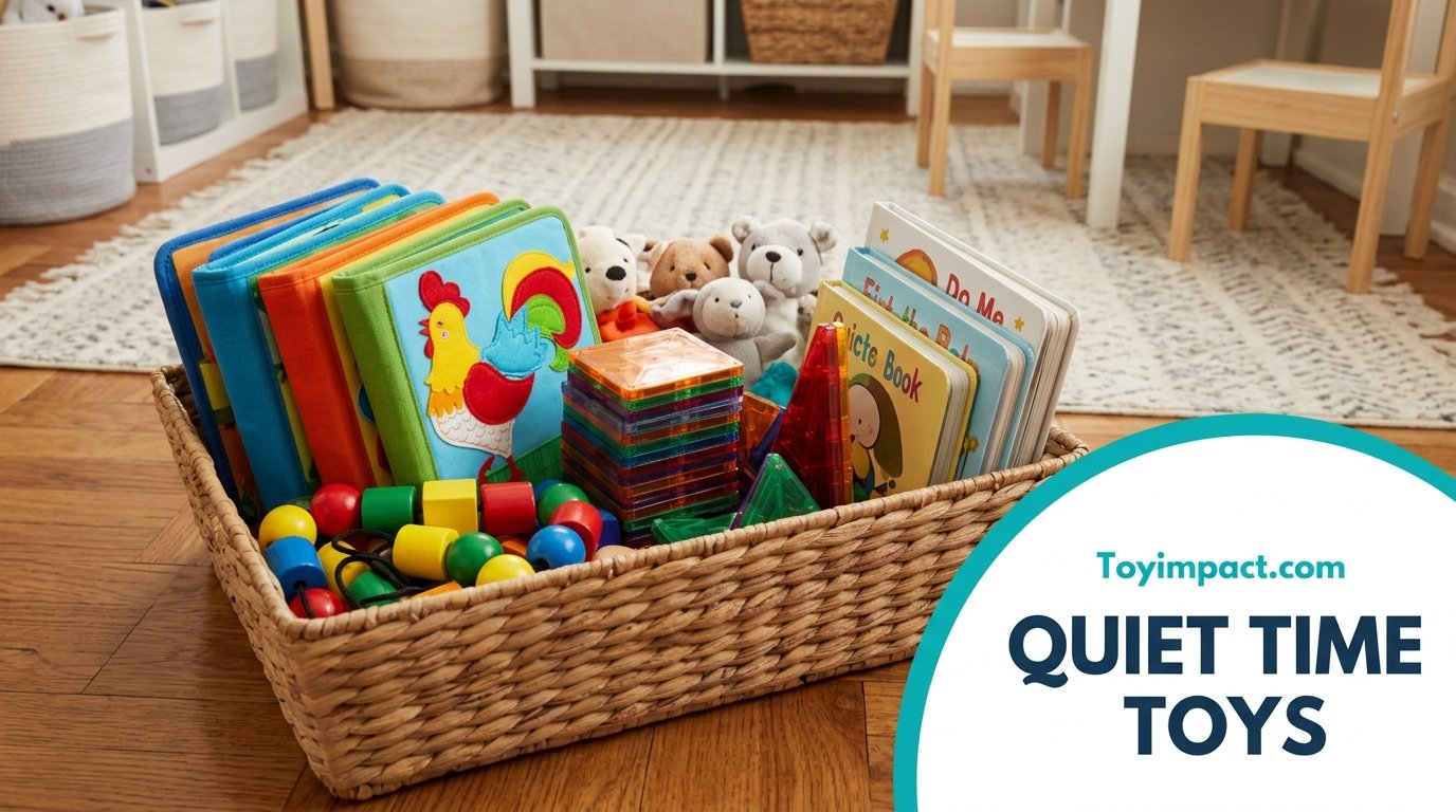 A basket of quiet time toys including busy books, magnetic tiles, and lacing beads