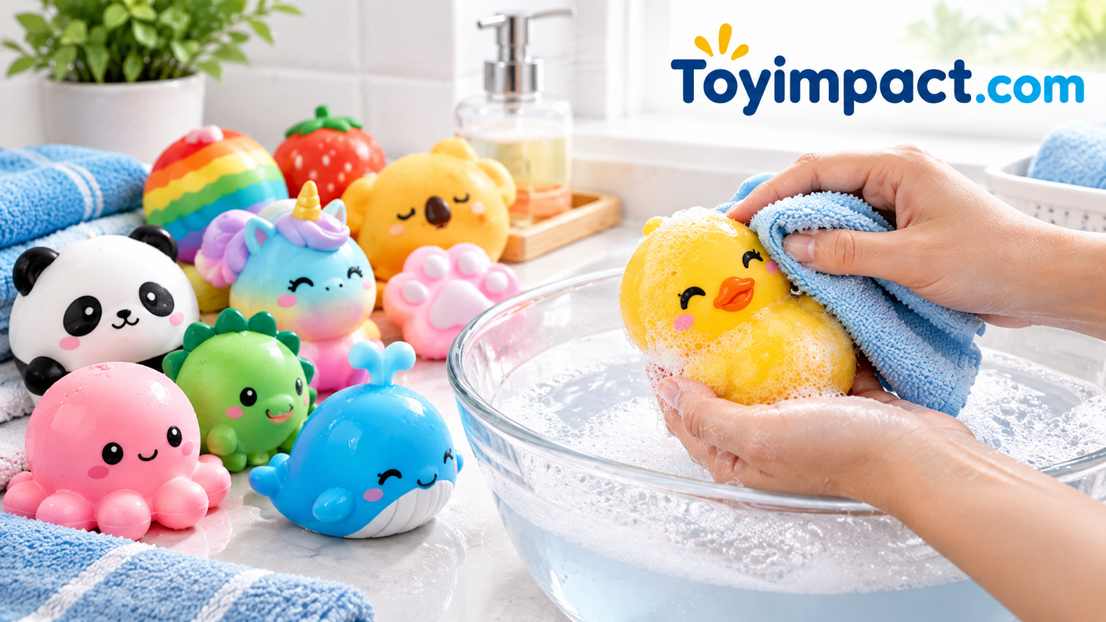 A colourful collection of squishy toys being gently cleaned with a soft cloth and lukewarm soapy water
