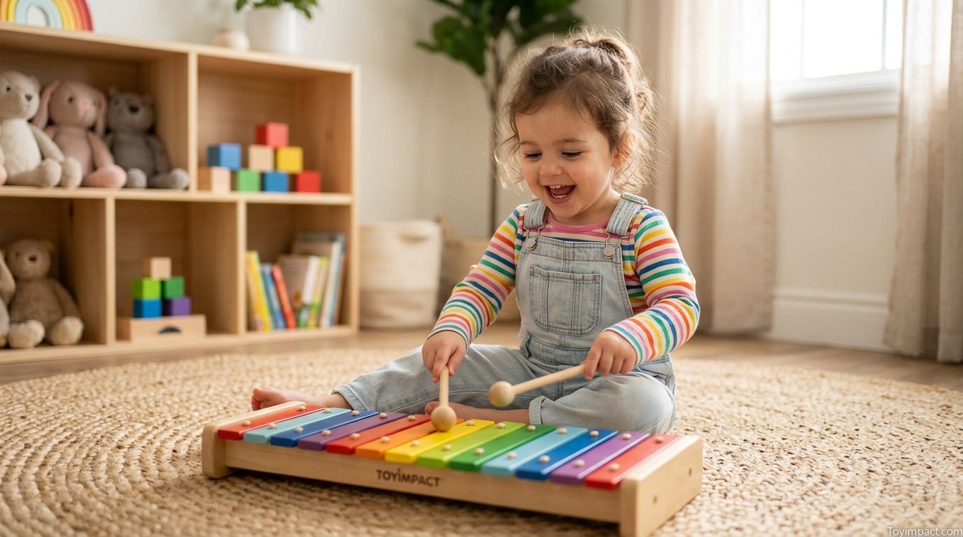 A toddler happily playing a wooden xylophone with mallets while sitting on a rug