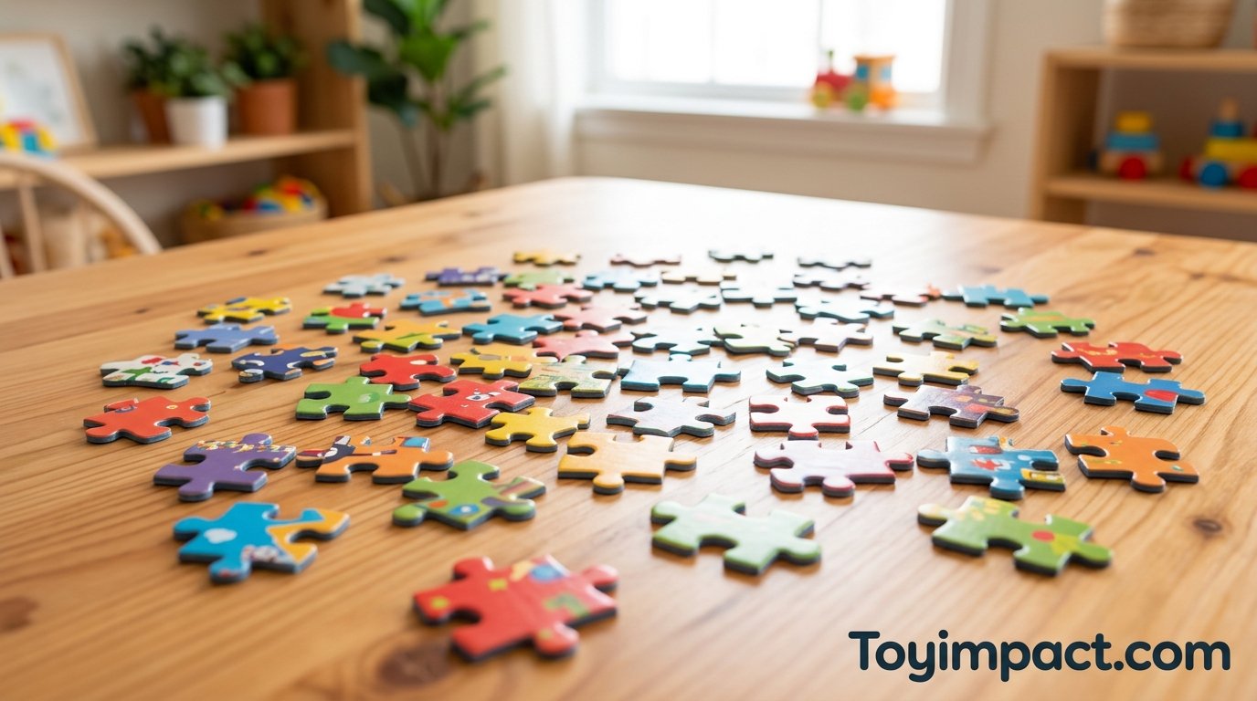 Assorted colorful jigsaw puzzle pieces spread across a wooden table