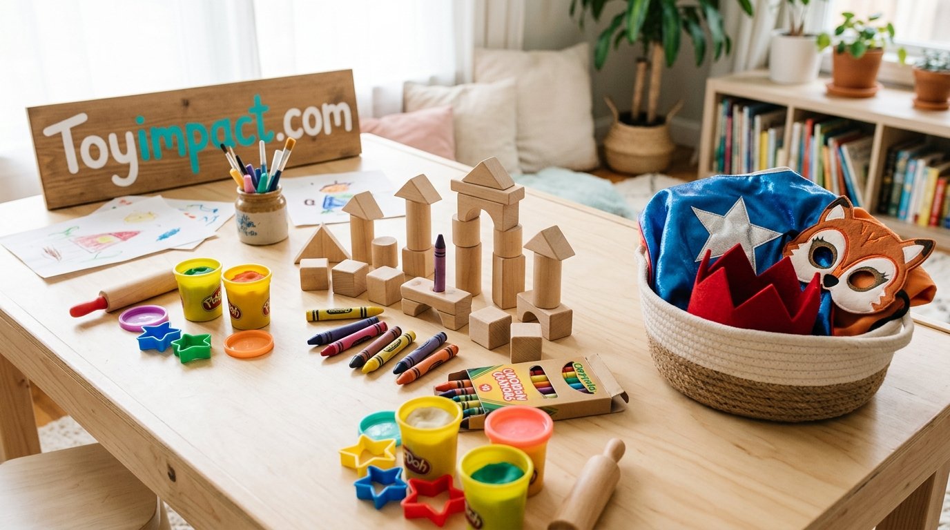 Assorted creative toys including wooden blocks, crayons, play dough, and dress-up props arranged on a table