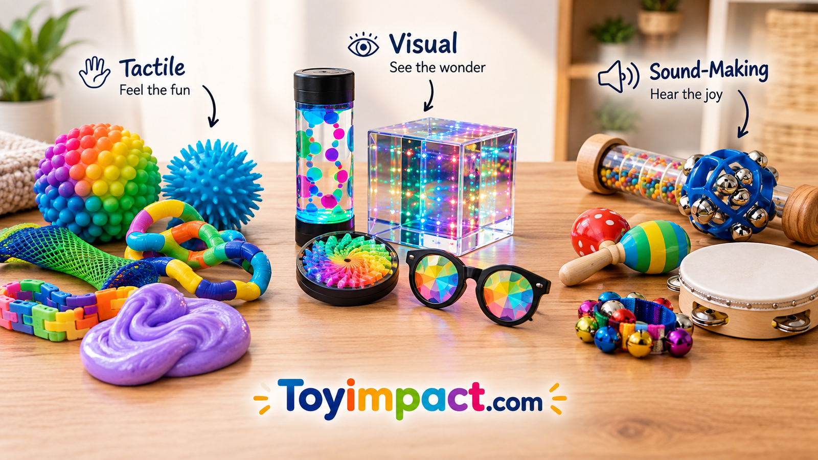 Assortment of tactile, visual and sound-making sensory toys