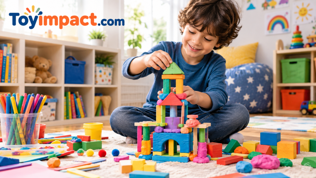 Child building a colorful creative structure with blocks, clay, and craft supplies on a playroom floor