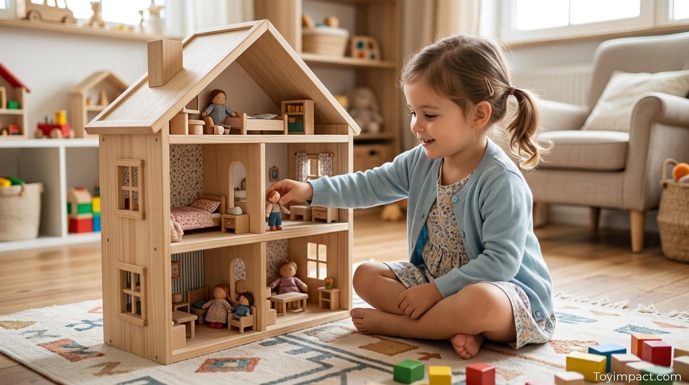 Child exploring a beautiful wooden dollhouse on a playroom floor