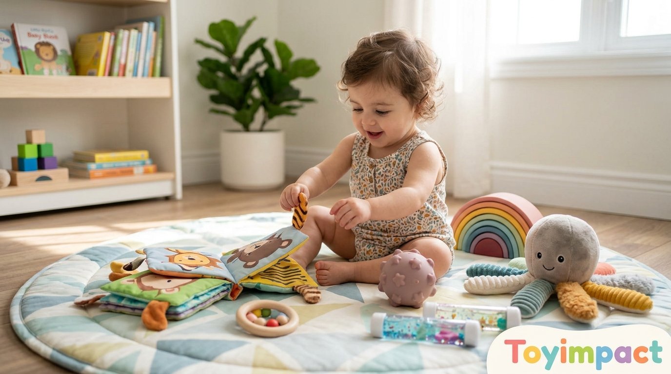 Child exploring colorful sensory toys on a play mat