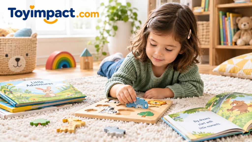 Child playing quietly on a soft rug with wooden puzzles and picture books