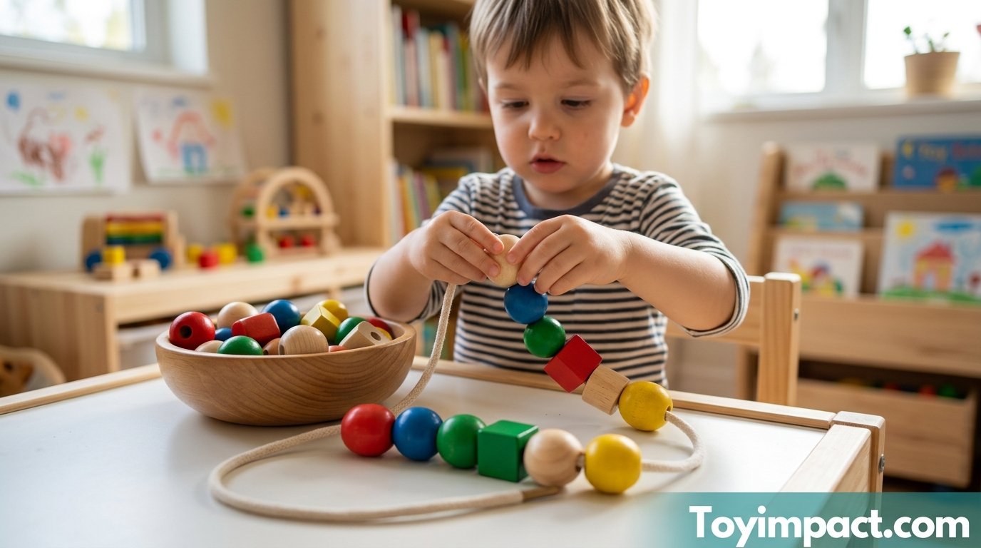 Child threading large wooden beads onto a string at a small table, practicing fine motor control