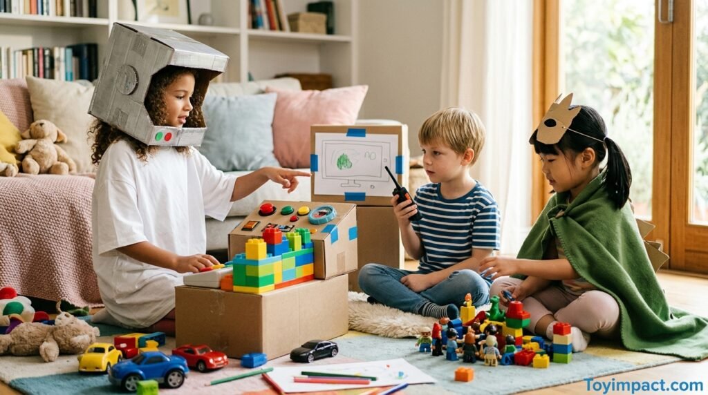 Children engaged in imaginative pretend play with toys