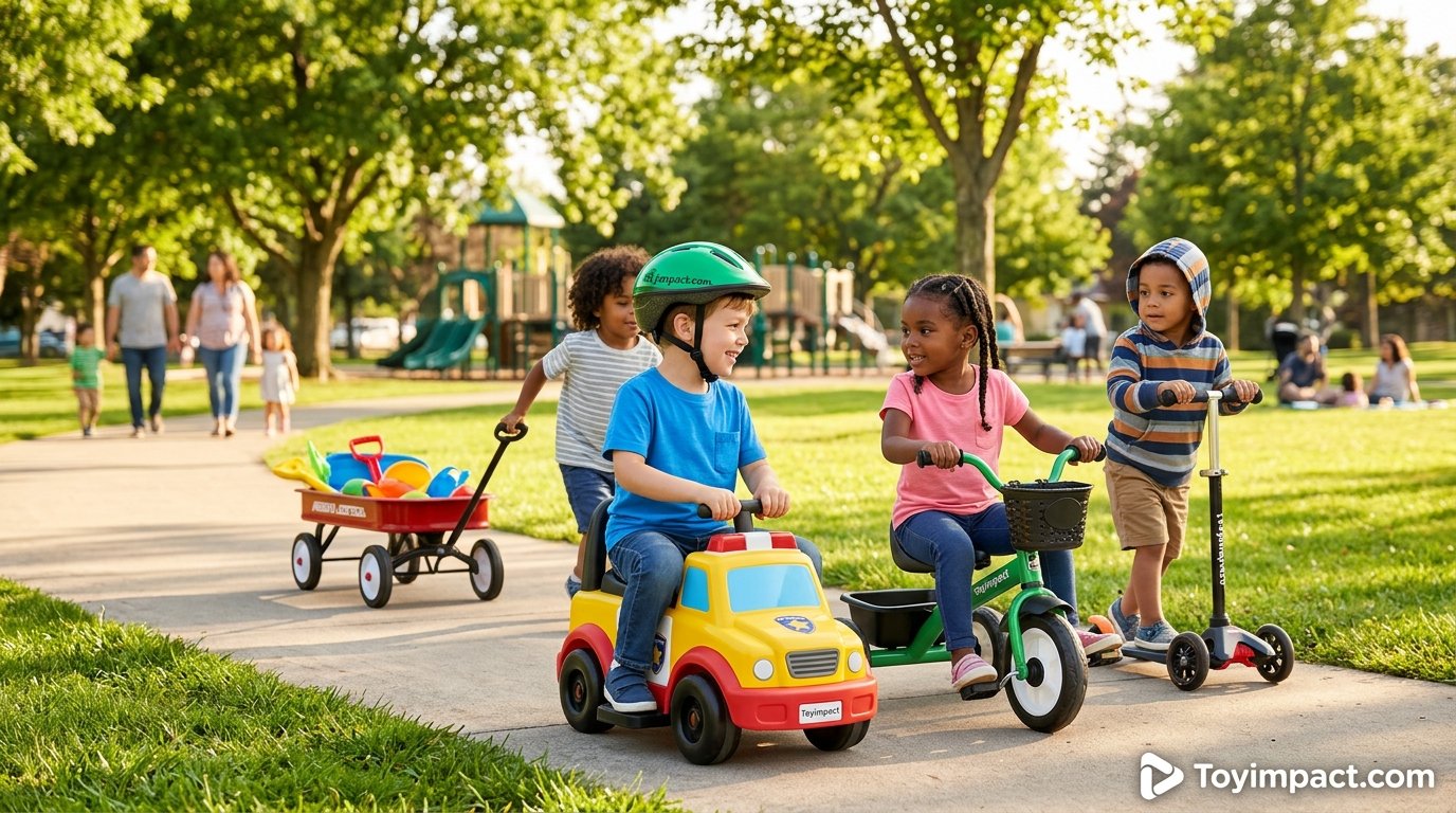 Children enjoying various ride-on toys at an outdoor park