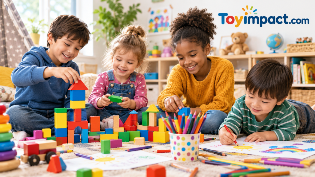 Children of different ages playing together with colorful building blocks and art supplies