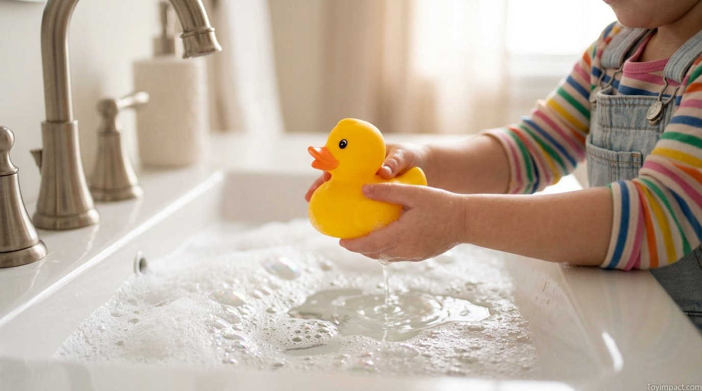 Child's hands holding a clean rubber duck over a sink filled with soapy water