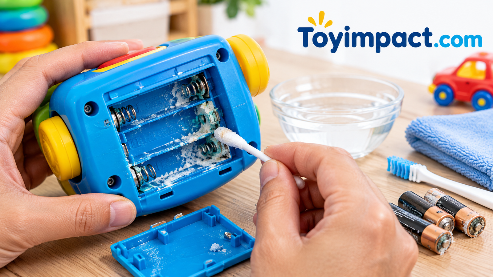 Child's toy battery compartment with white crusty battery corrosion being cleaned