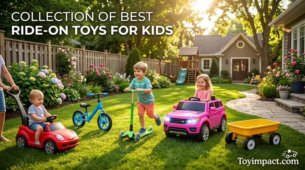 Collection of best ride-on toys for kids in a sunny backyard setting