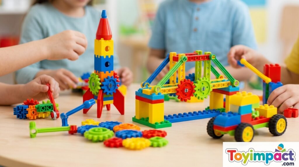Colorful STEM building blocks arranged on a table, representing hands-on educational play for children