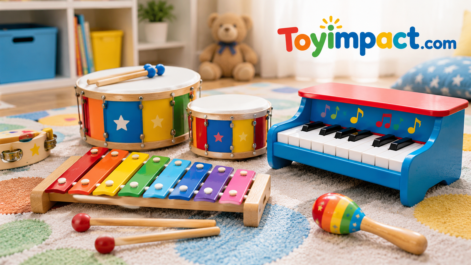 Colorful musical toys for kids including a xylophone, mini drums, and a toy piano arranged on a play mat