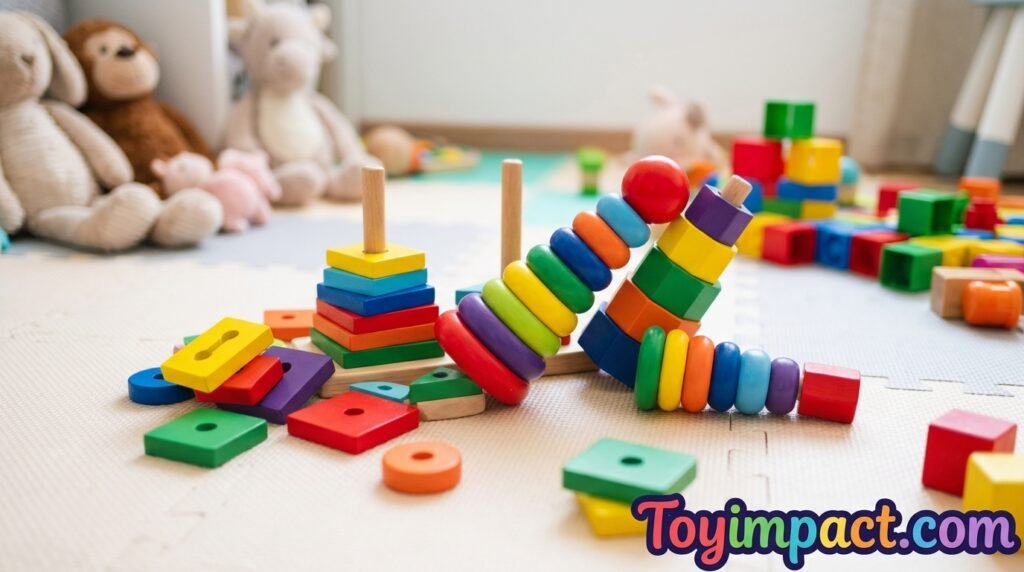 Colorful wooden and plastic stacking toys arranged on a playroom floor