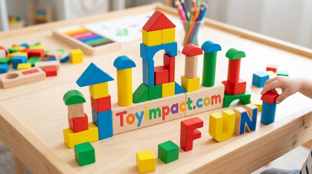 Colorful wooden building blocks arranged in a playful display