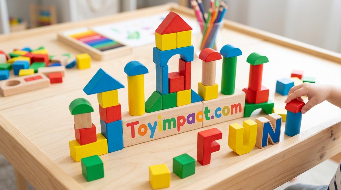 Colorful wooden building blocks arranged in a playful display