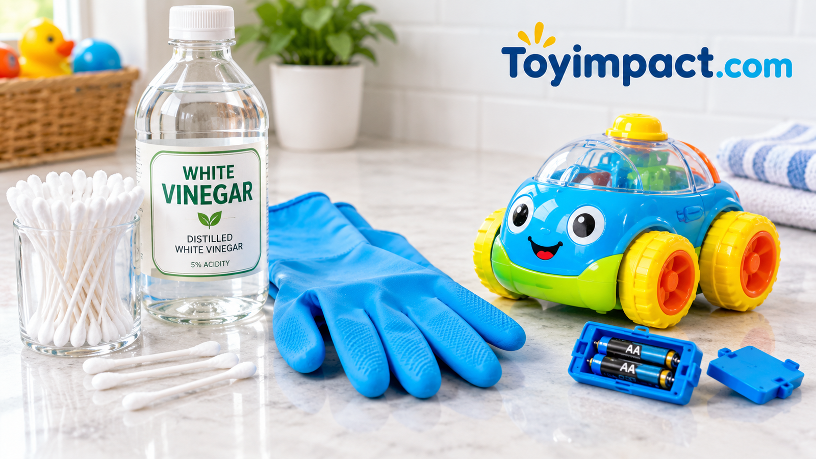 Cotton swab, white vinegar and gloves laid out beside a battery-powered toy