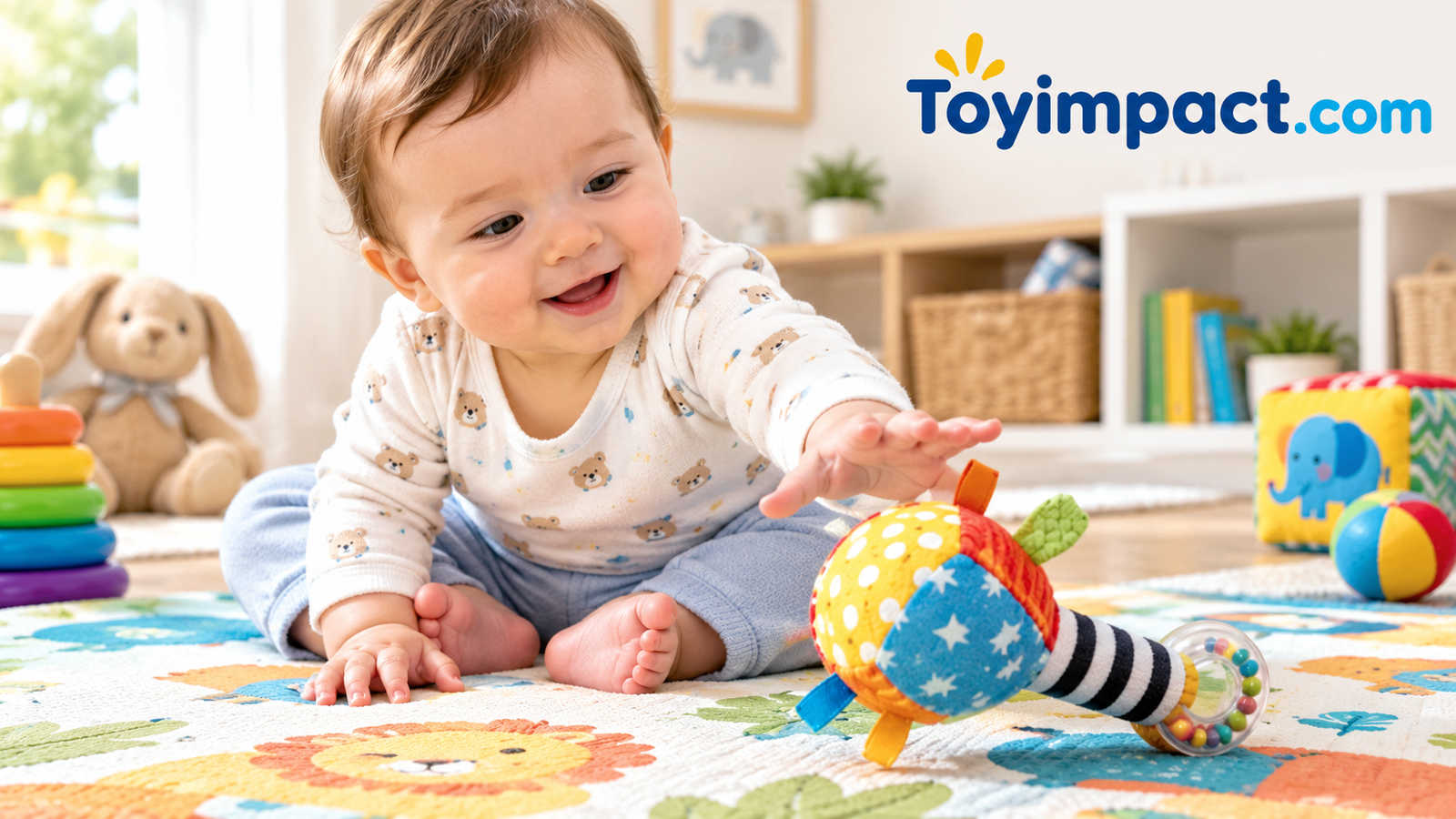 Happy baby sitting on a play mat reaching for a colorful soft rattle