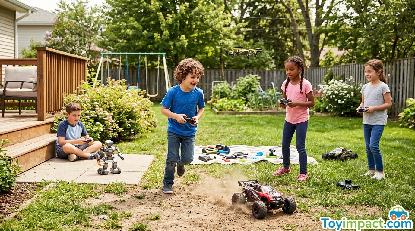 Kids excitedly playing with various remote control toys including cars, drones, and robots in a backyard setting