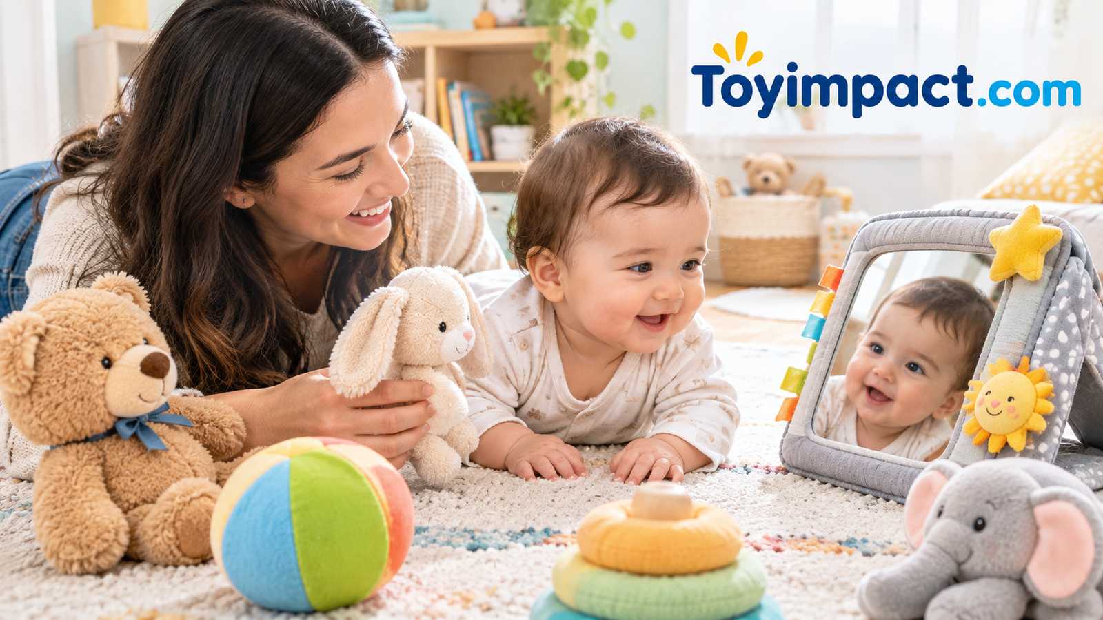 Parent and baby playing together on the floor with soft toys and a mirror