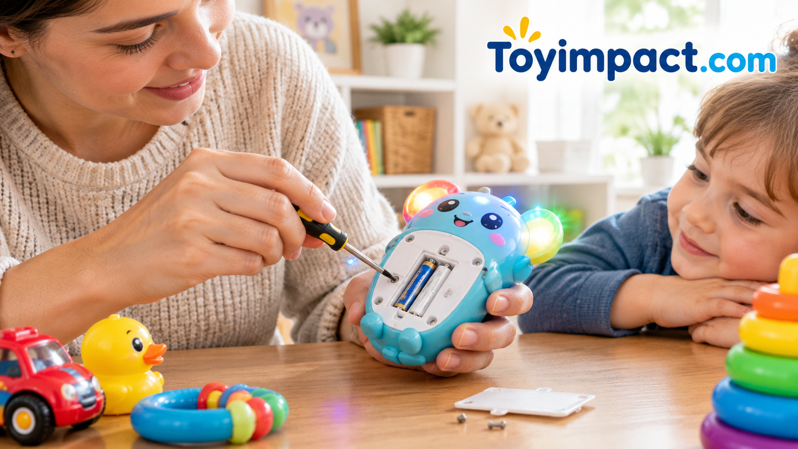 Parent checking the battery door of a light-up toy with a small screwdriver